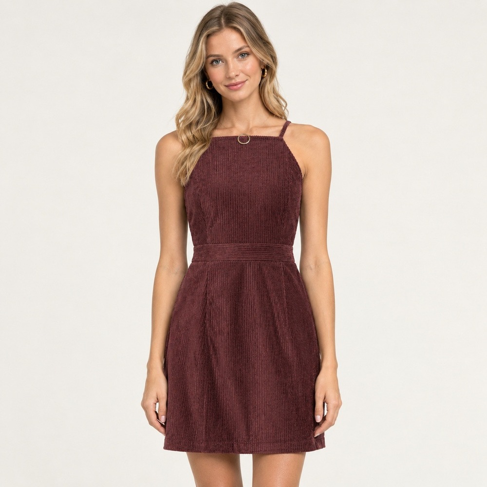 Sugar Lips Indie Sleaze Burgundy Corduroy Mini Dress Square Neck Zip Back Medium
